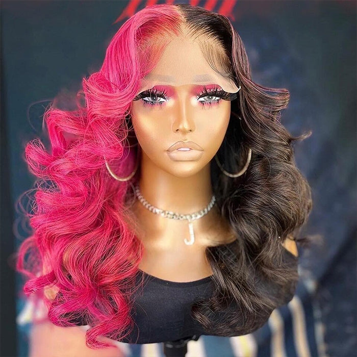 Half Rose Pink Half Black Color Body Wave Wigs 13x4 HD Lace Frontal Wig Human Hair