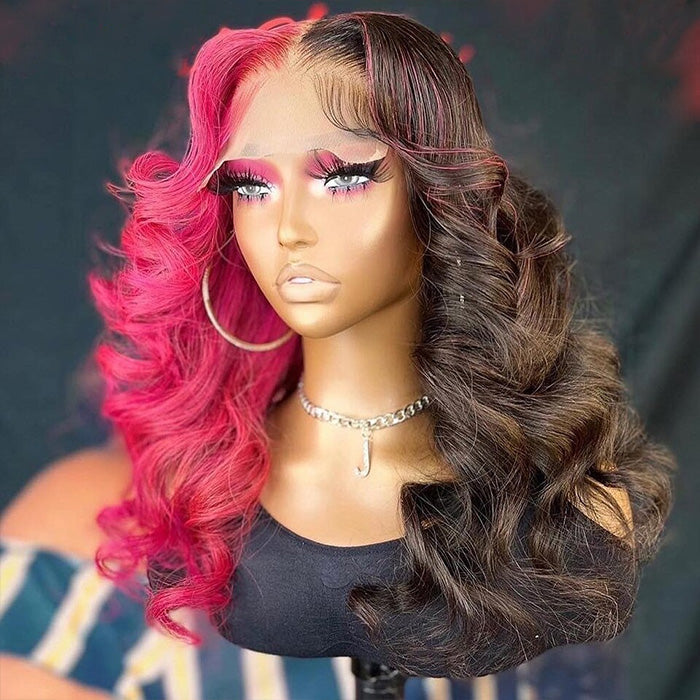 Half Rose Pink Half Black Color Body Wave Wigs 13x4 HD Lace Frontal Wig Human Hair