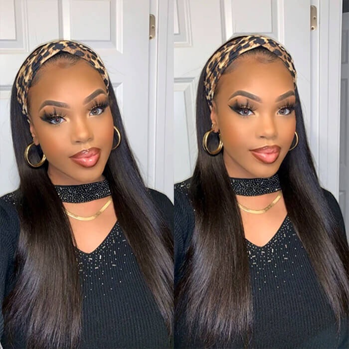 Headband Wig Straight Human Hair No Gel No Glue Silk Scarf Wigs