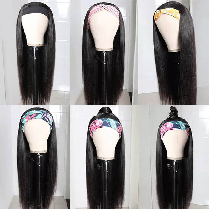 Headband Wig Straight Human Hair No Gel No Glue Silk Scarf Wigs