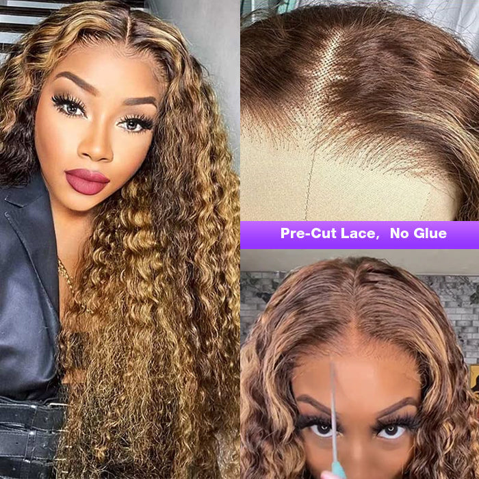 Highlight Deep Wave Ready & Go Glueless Wig 8*5 Pre Cut Lace Closure Wigs #P4/27 Color