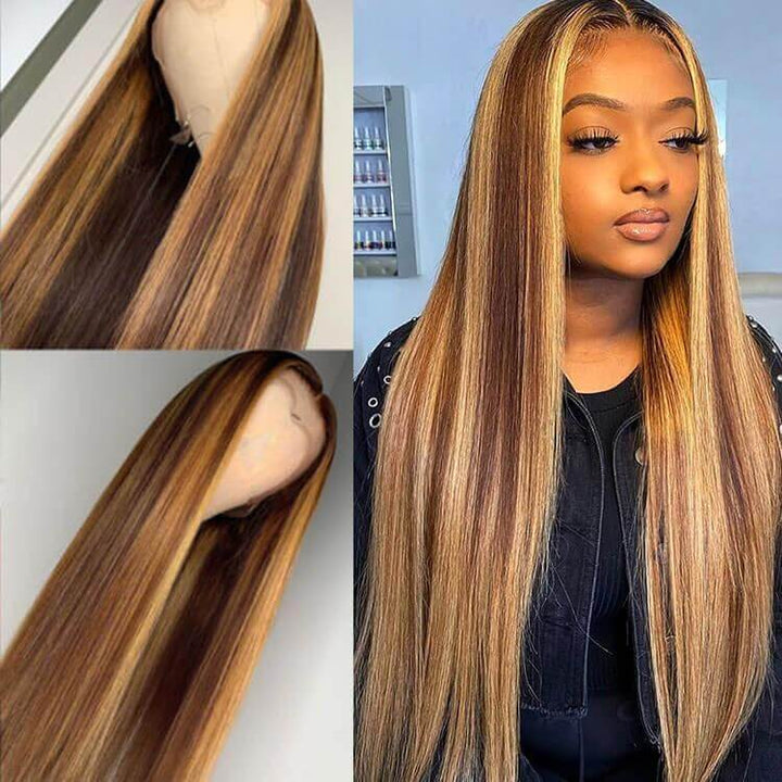 4/27 Highlight Brown Straight Wig 4x4 13x4 13x6 HD Lace Front Wigs Honey Blonde Human Hair Wigs