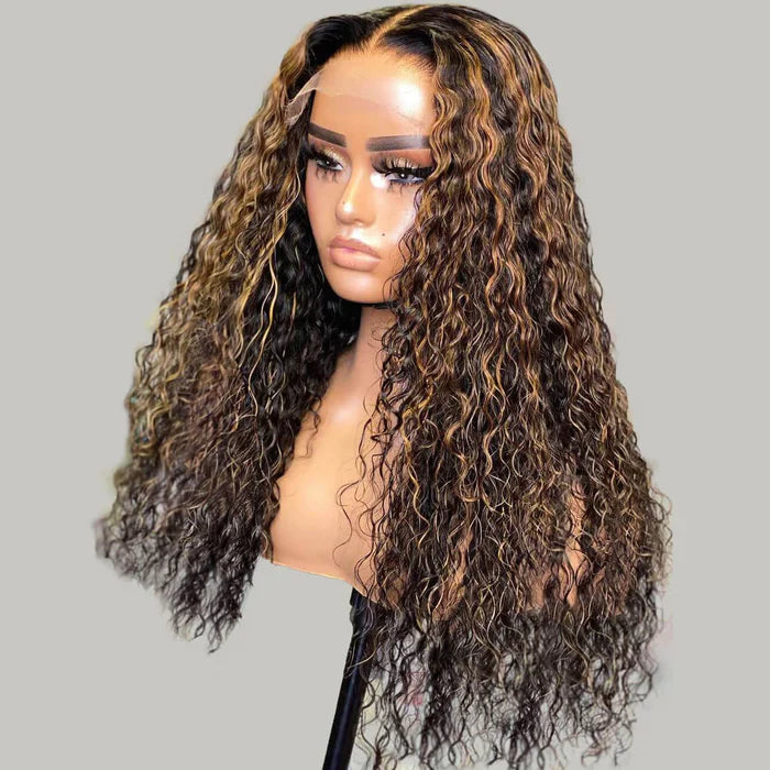 Balayage Highlight Water Wave Transparent HD Lace Front Wigs 100% Human Hair Wig with Pre Plucked Hairline