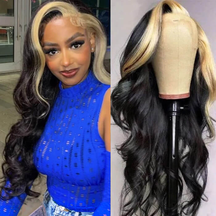 Skunk Stripe Wig with Honey Blonde Highlights Body Wave 13*4 Human Hair Lace Frontal Wig