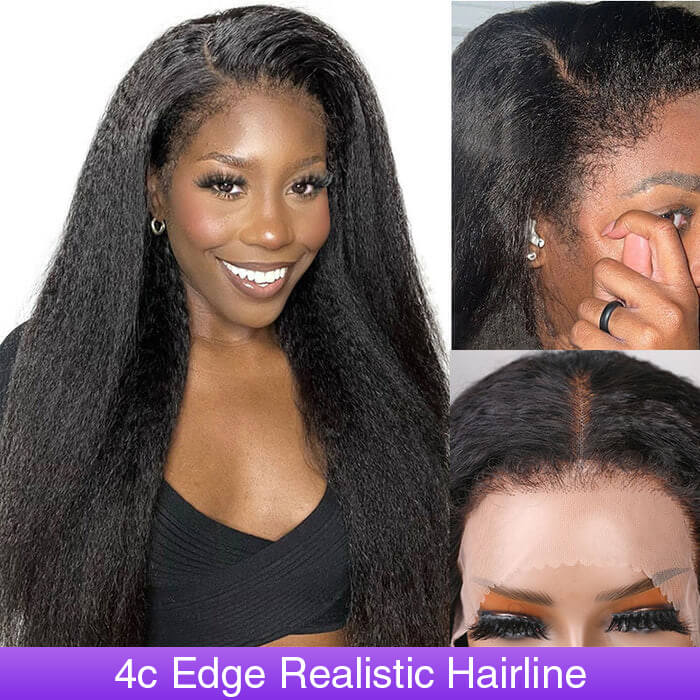 4C Edges Hairline Kinky Straight 13x4 HD Transparent Lace Front Wig Ready To Go