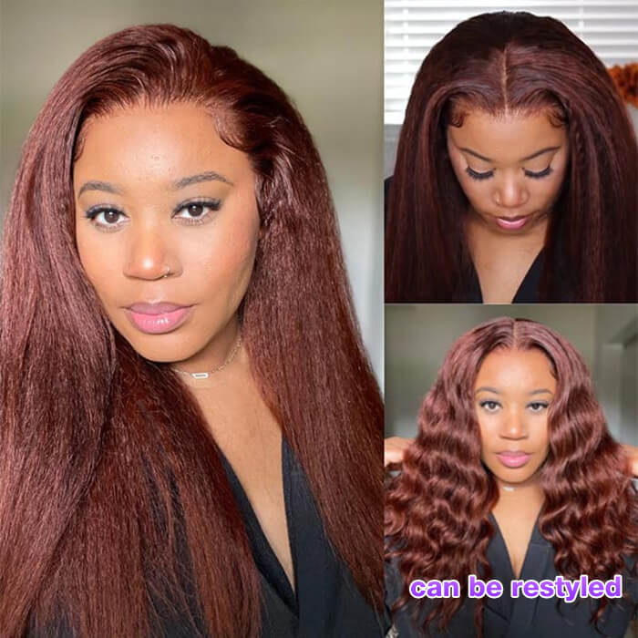 Glueless HD Lace Front Wigs Virgin Human Hair Kinky Straight Wigs #33 Reddish Brown Color