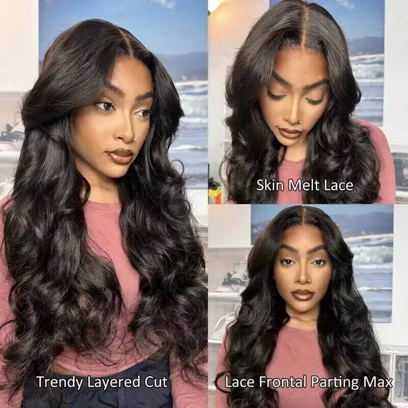 13x6 Lace Frontal Pre-Styled Loose Body Wave Wigs With Curtain Bangs Human Hair Pre Bleached Brailian Wigs For Women