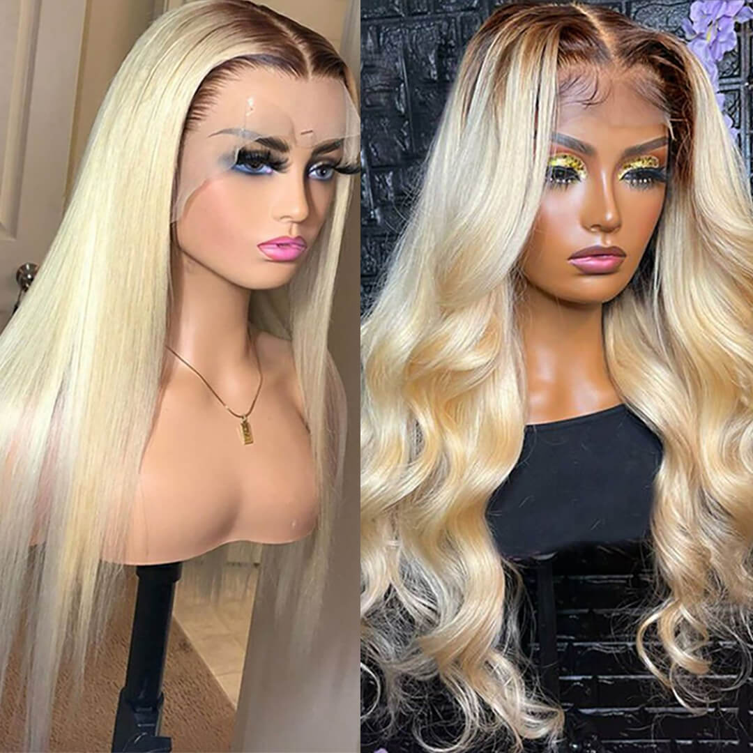 613 Blonde Wig with Brown Roots Ombre 4/613 Color 13x4 HD Lace Front Human Hair Wigs 180% Density