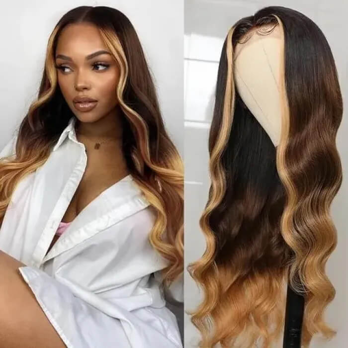 Ombre Lace Front Wigs with Blonde Highlight #T1B/4/27 Three Tone Brazilian Body Wave HD Lace Human Hair Wigs