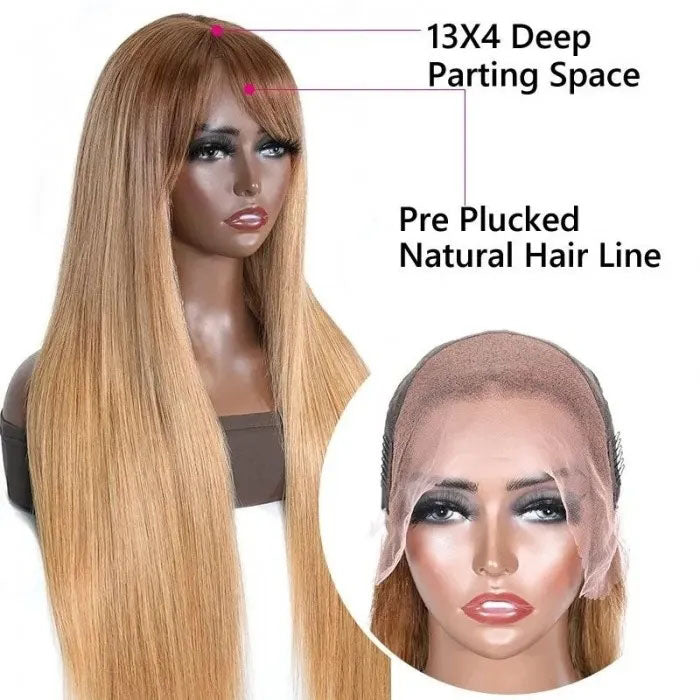 Ombre Blonde Silky Straight 13x4 Lace Front Wigs/Full Machine Made Wig With Brown Bangs