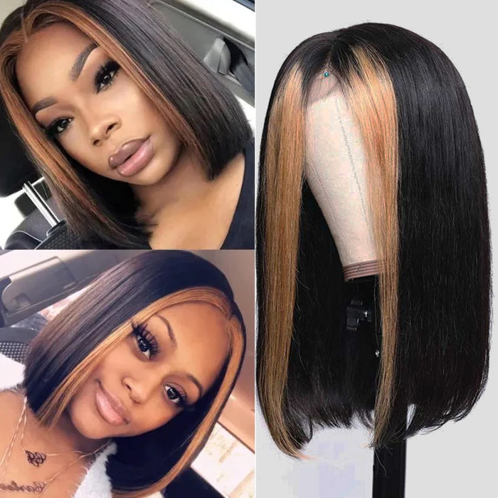 Straight Short Bob 13x4 Lace Font Wig With Blonde Highlights Streaks In Front Bob Wigs