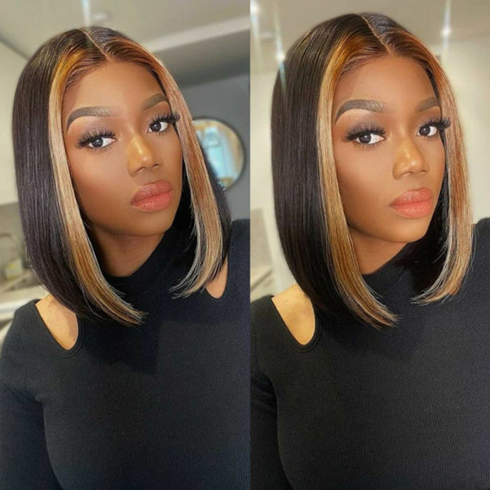 Straight Short Bob 13x4 Lace Font Wig With Blonde Highlights Streaks In Front Bob Wigs