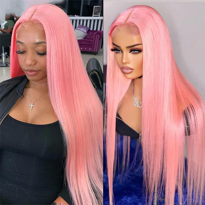 13x4 HD Lace Frontal  Human Hair Wigs Straight Pink Color Wig For Women Pre Plucked Bleached Knots