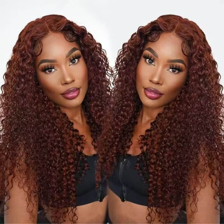 Glueless Lace Reddish Brown Curly Wig With Bleached Knots 8x5 Pre Cut HD Lace Put On And Go Wig