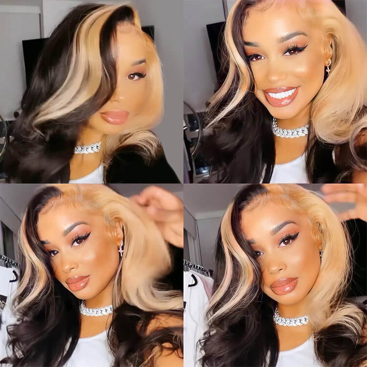 Skunk Stripe Wig with Honey Blonde Highlights Body Wave 13*4 Human Hair Lace Frontal Wig