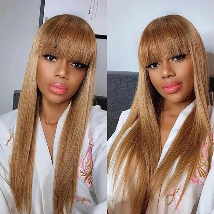 Ombre Blonde Silky Straight 13x4 Lace Front Wigs/Full Machine Made Wig With Brown Bangs