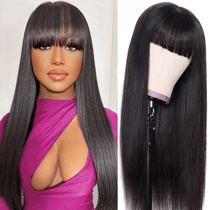 Glueless Human Hair Wigs with Bangs for Black Women Straight 2x4 HD Lace Wigs With Bangs