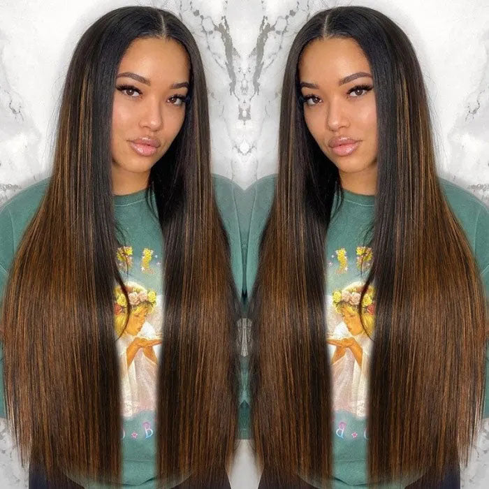 Hot Highlight Balayage Straight V/U Part Wig No Leave Out Glueless Human Hair Wigs Beginner Friendly