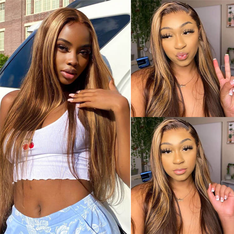 4/27 Highlight Brown Straight Wig 4x4 13x4 13x6 HD Lace Front Wigs Honey Blonde Human Hair Wigs