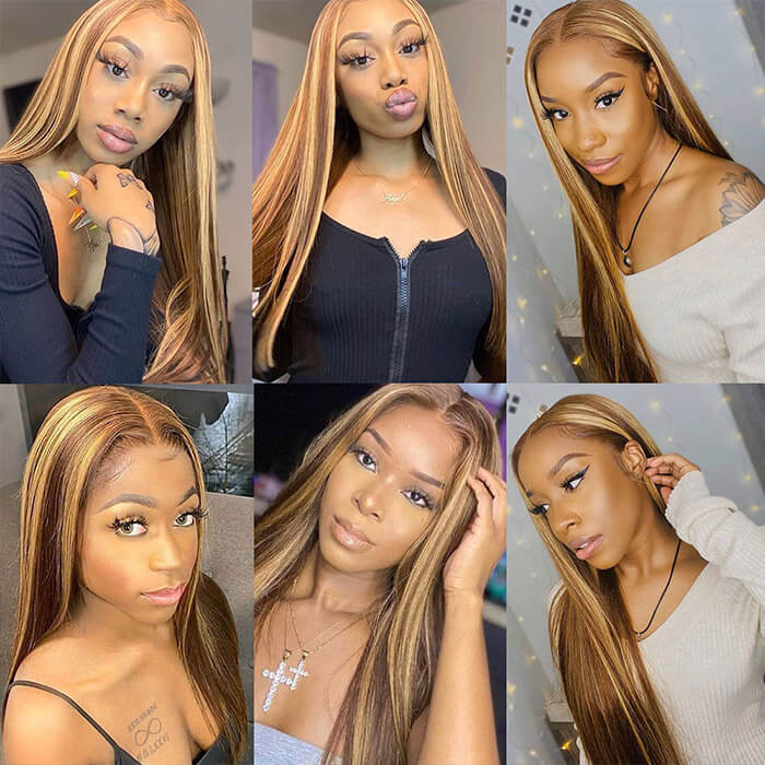 4/27 Highlight Brown Straight Wig 4x4 13x4 13x6 HD Lace Front Wigs Honey Blonde Human Hair Wigs