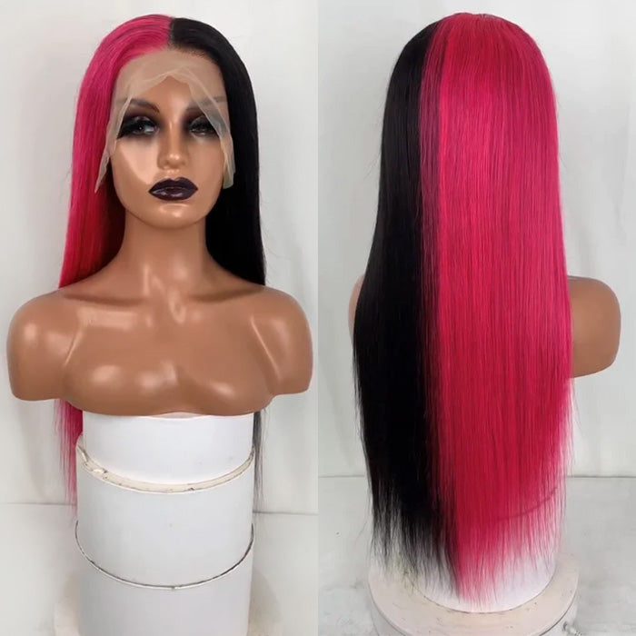 Half Rose Pink Half Black Color Straight 13x4 HD Lace Frontal Wig Human Hair