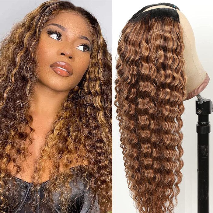 Deep Wave 4/27 Blonde Highlights V/U Part Human Hair Wig Beginner Friendly No Lace Meets Real Scalp