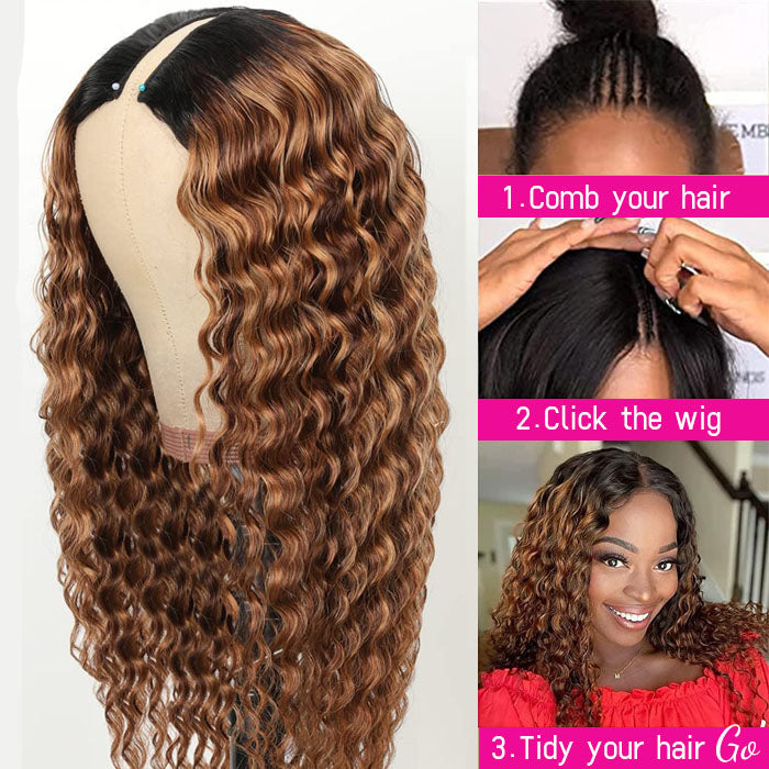 Deep Wave 4/27 Blonde Highlights V/U Part Human Hair Wig Beginner Friendly No Lace Meets Real Scalp