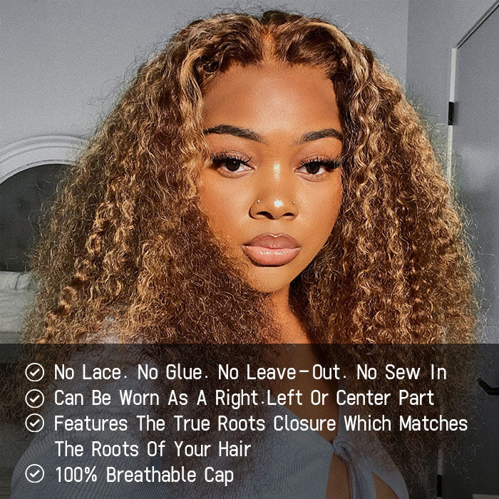 Deep Wave 4/27 Blonde Highlights V/U Part Human Hair Wig Beginner Friendly No Lace Meets Real Scalp