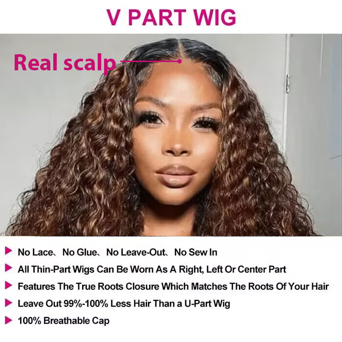 Water Wave V/U Part Wig Balayage Highlight Color Wigs Human Hair Beginner Friendly No Lace