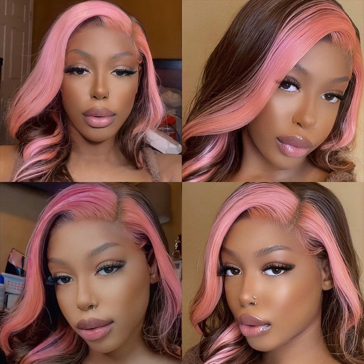 Strawberry Pink & Chocolate Skunk Stripe Color Wig Straight and Body Wave 13*4 Lace Front Wig