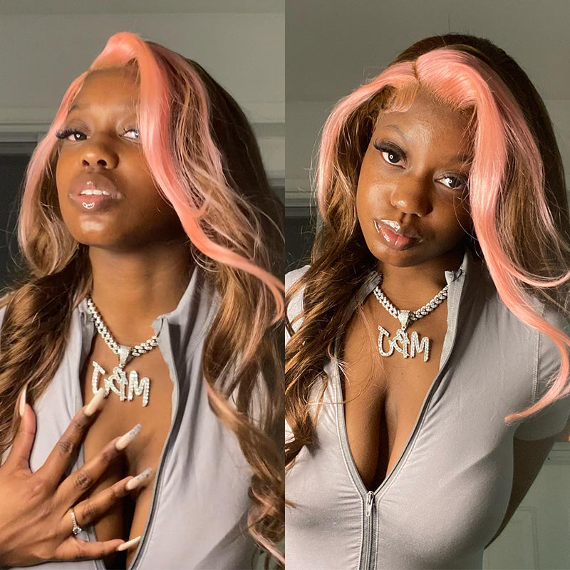 Strawberry Pink & Chocolate Skunk Stripe Color Wig Straight and Body Wave 13*4 Lace Front Wig